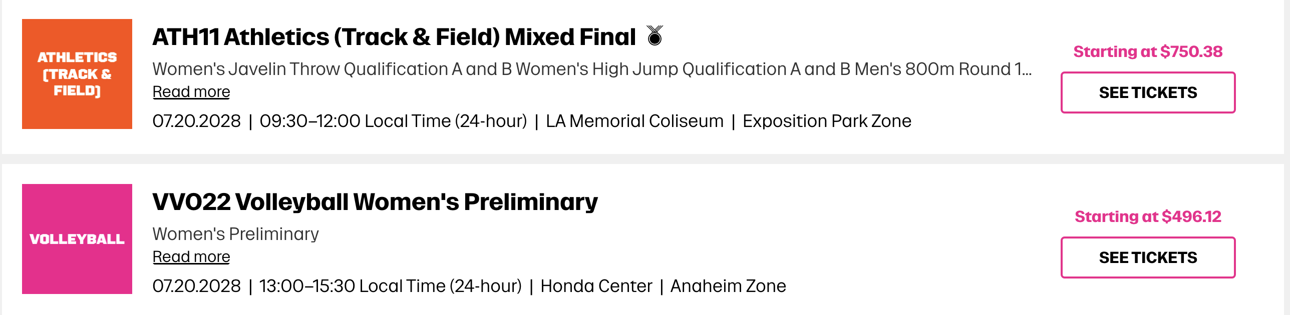 Screenshot of 2028 Olympic ticket selection page for javelin and women’s volleyball