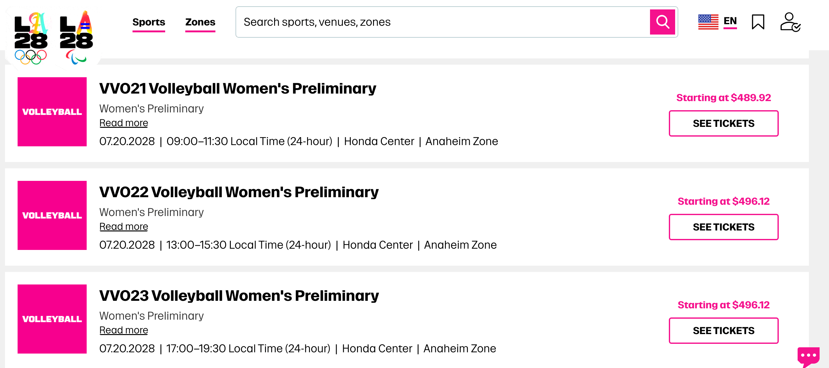 Screenshot of 2028 Olympic ticket selection page for women’s volleyball
