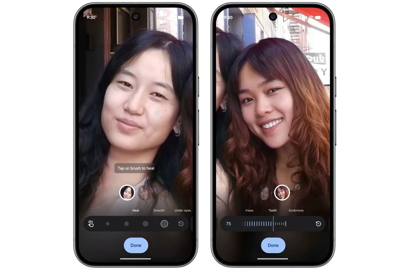 Two Android smartphones displaying the new Google Photos touch-up tools bring gradually rolled out globally.