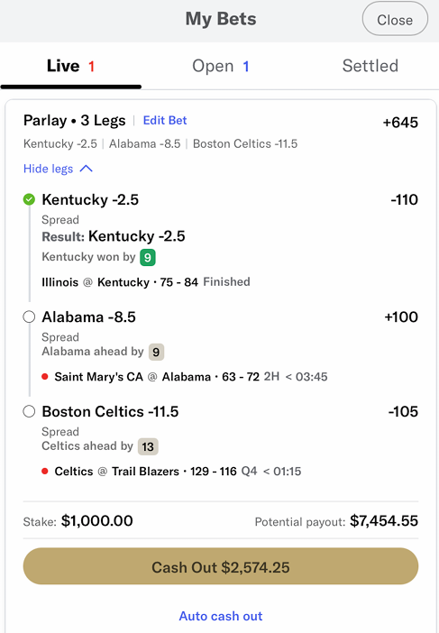 Screenshot of BetMGM betting app showing a three-leg parlay with Kentucky -2.5 already won, Alabama -8.5 and Boston Celtics -11.5 in progress, $1,000 stake, and $7,454.55 potential payout with cash-out option displayed.