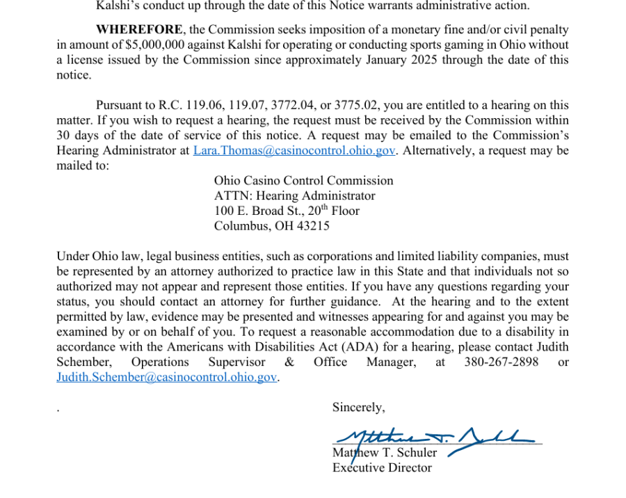 Ohio Casino Control Commission notice seeking $5 million fine against Kalshi for alleged unlicensed sports gaming, including hearing instructions and legal references