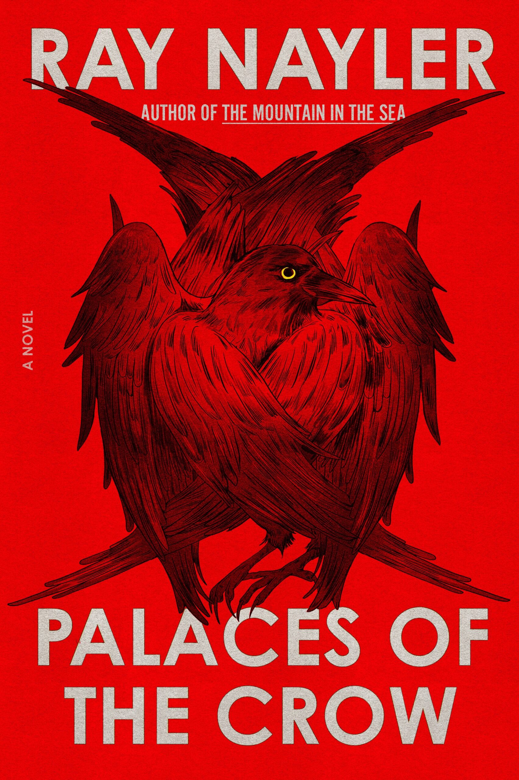 The cover of the novel Palaces of the Crow by Ray Nayler is seen. It has a red background with gray letters and a black ink image of crows. The cover of the novel Palaces of the Crow by Ray Nayler is seen. It has a red background with gray letters and a black ink image of crows.