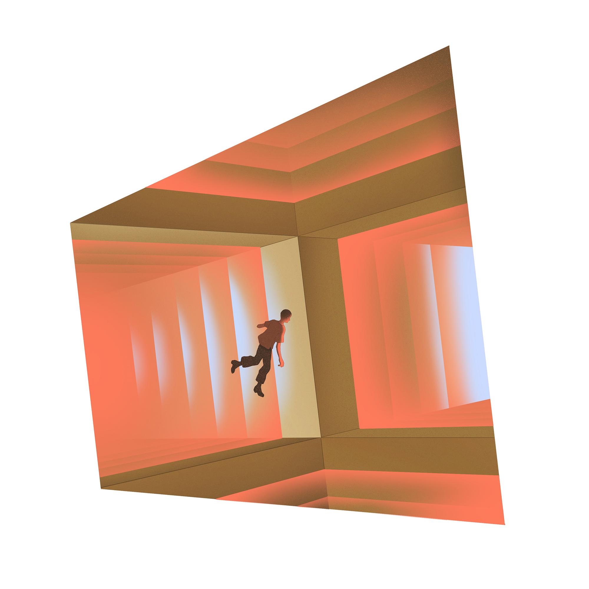 a small person is floating along an abstract, bright coral, confined path