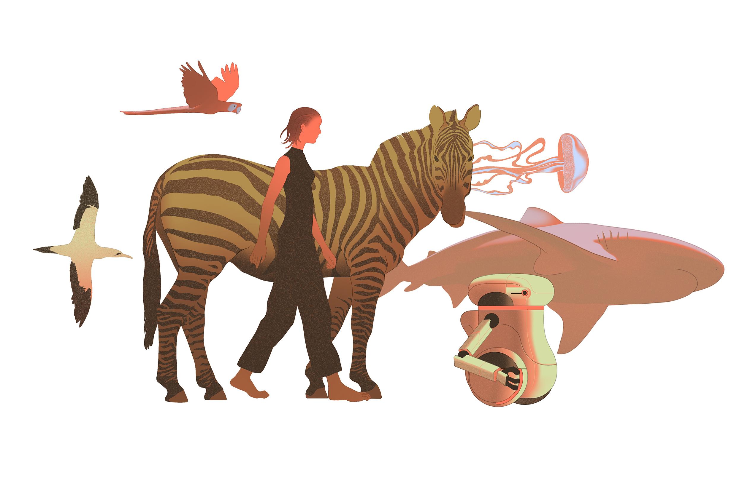 A woman walks alongside a zebra, parrot, seagull, floating jellyfish, shark, and a robot
