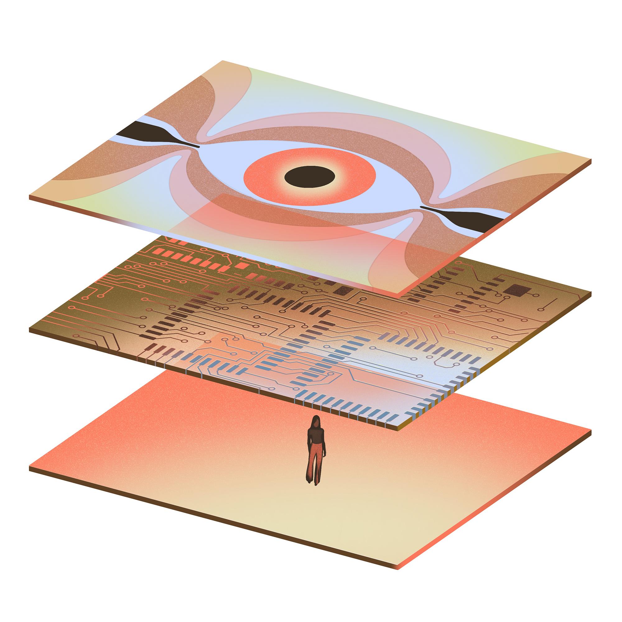 a small human stands between layers of abstract digital planes