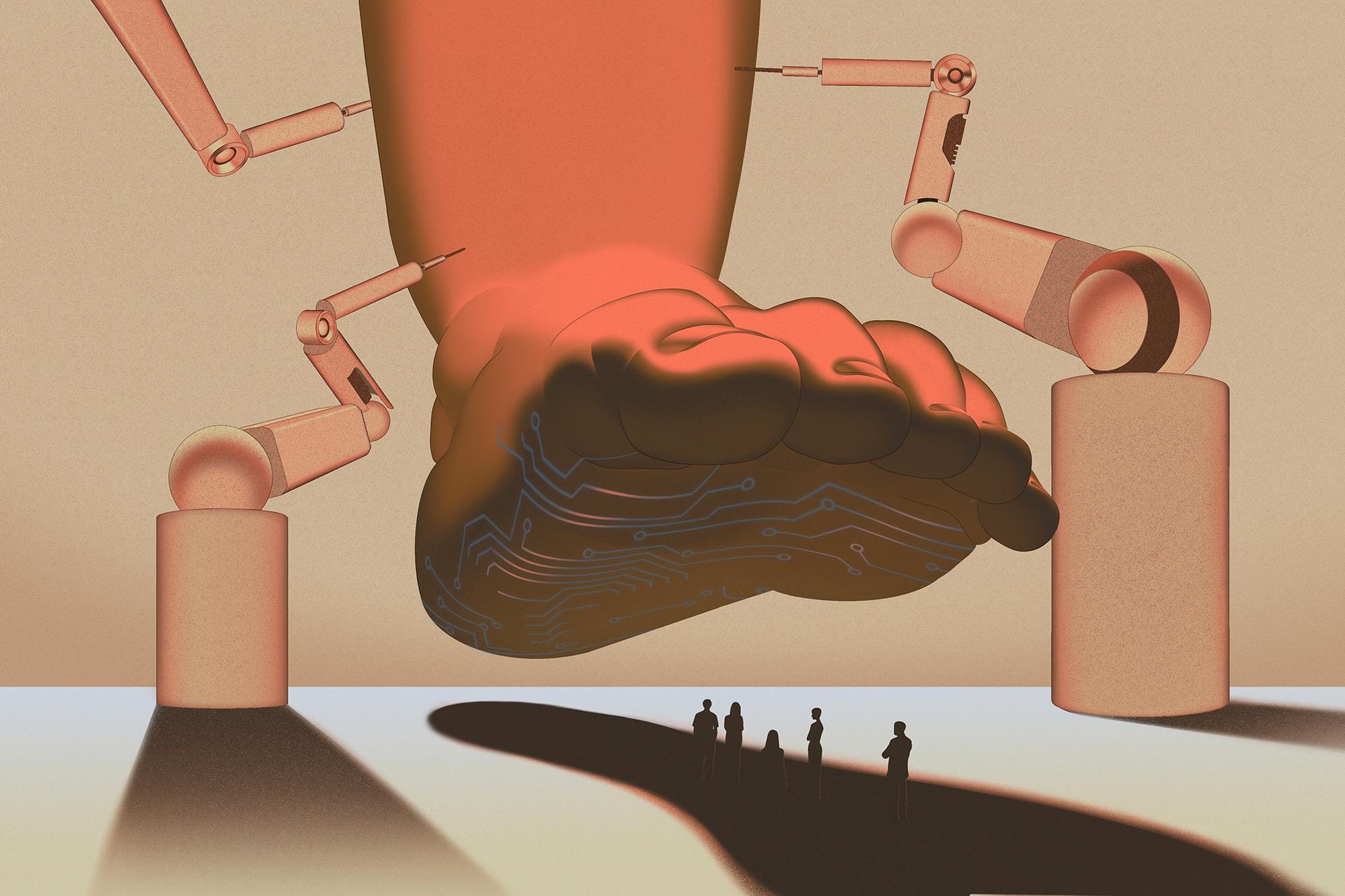 a giant robotic foot being built by other AI-powered devices casts a dark shadow over five tiny humans