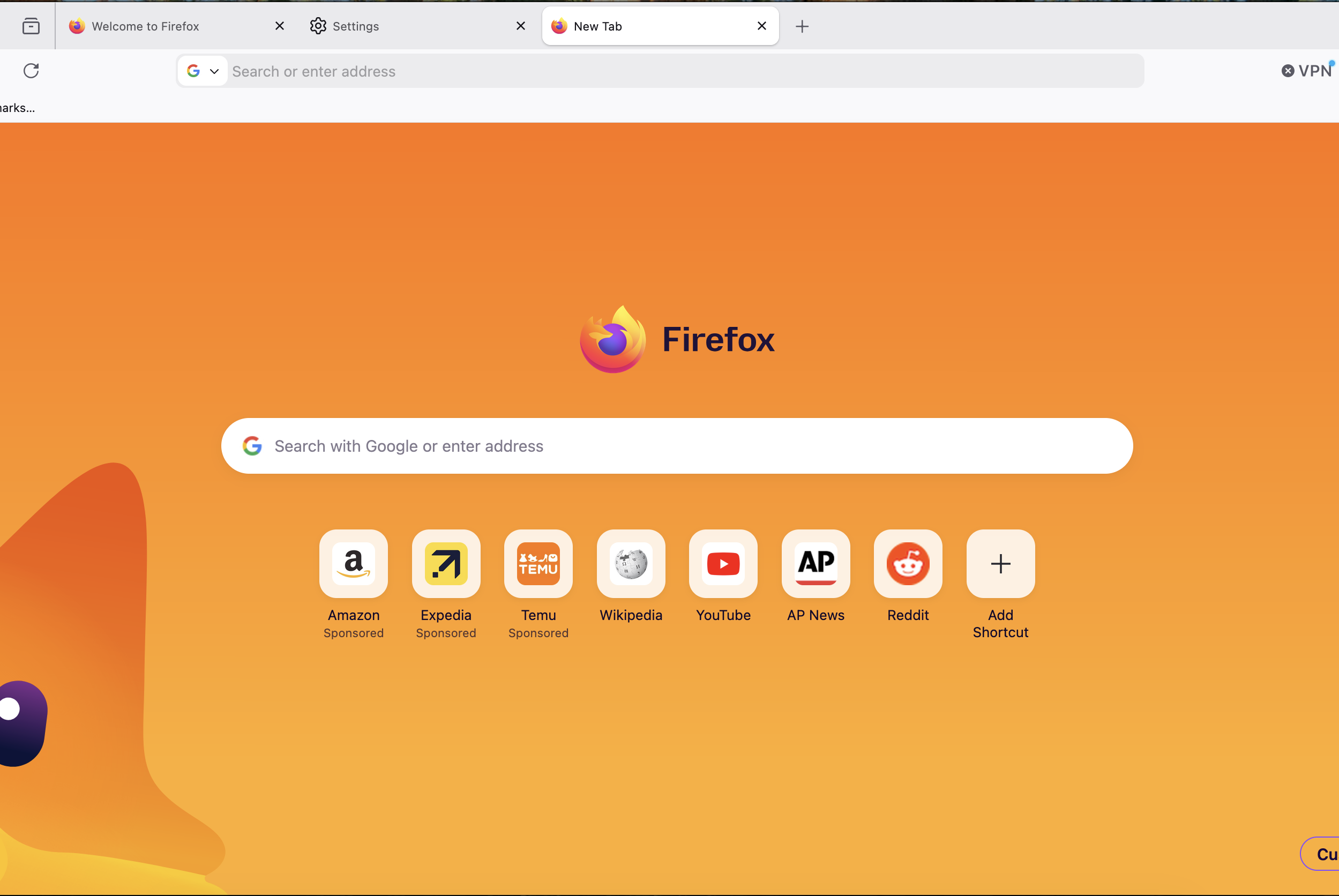 A screenshot of Firefox 151 with a default new tab page