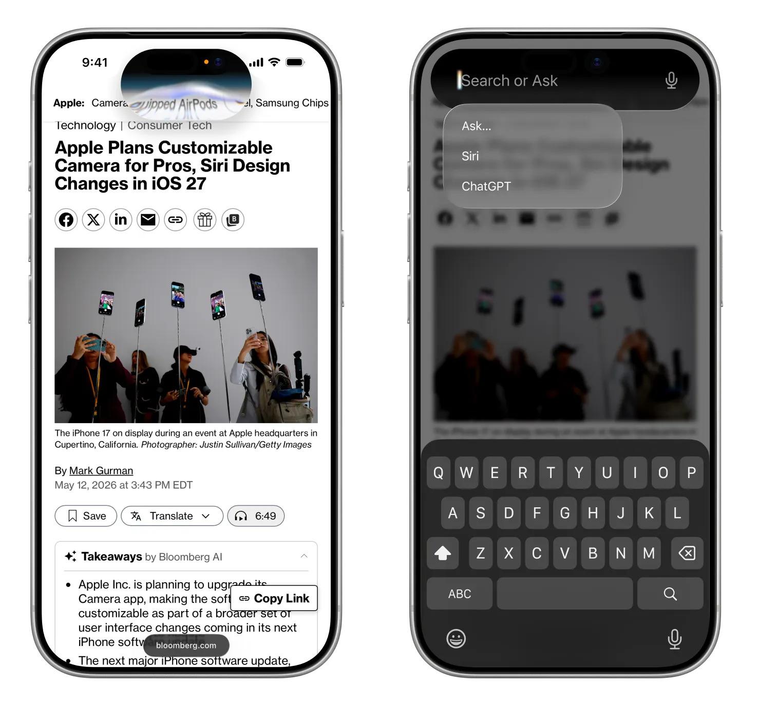 Renders from Bloomberg showing Siri in the Dynamic Island in iOS 27