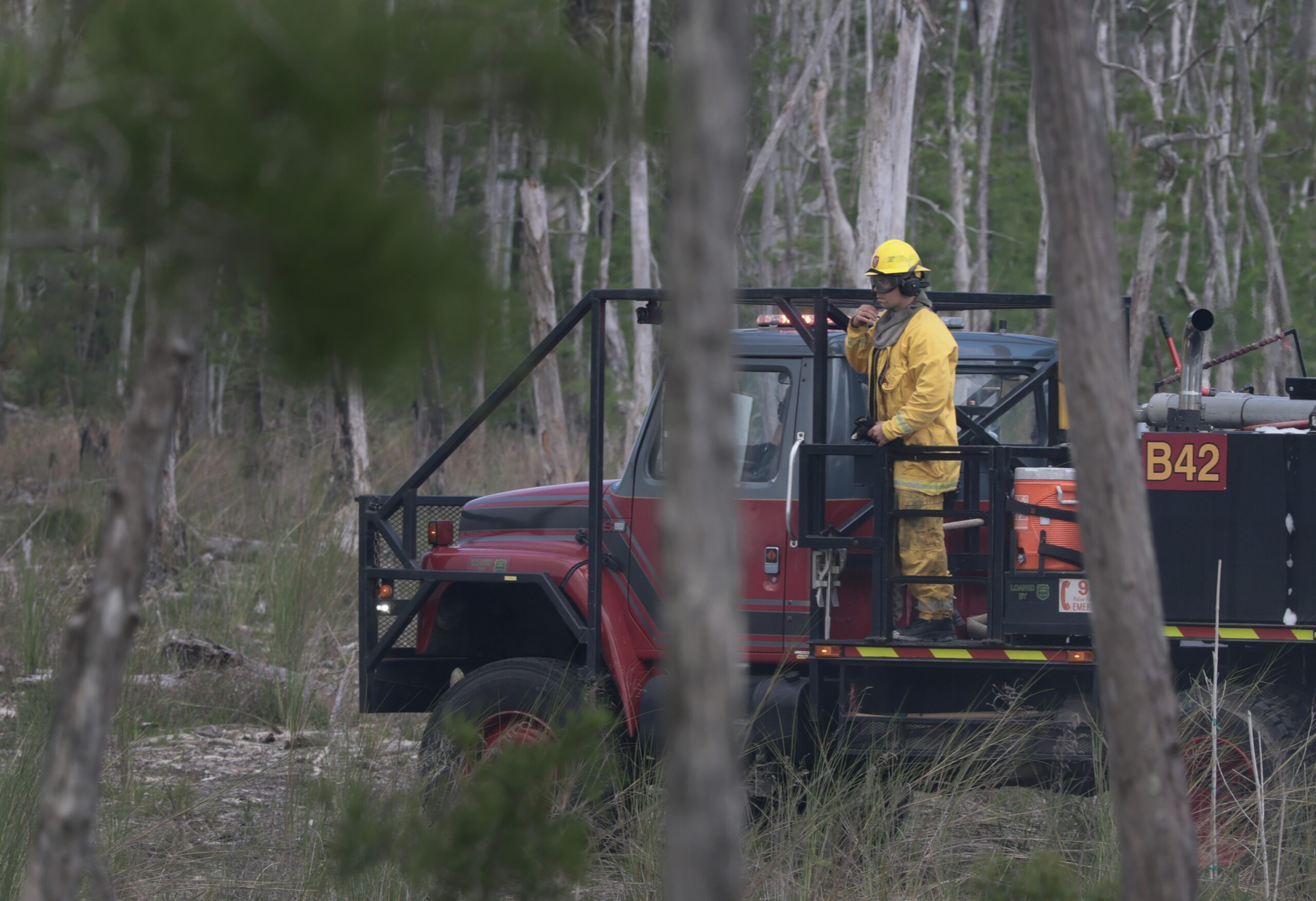 firefighter in a vehicle surrounded by a forest with smoke in the air
