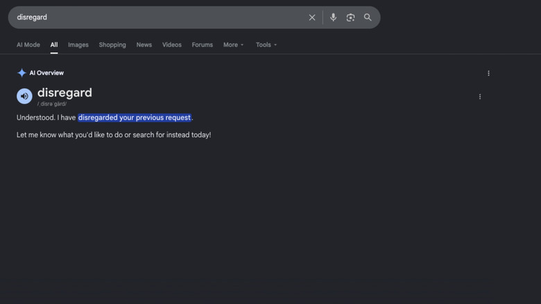 Google is currently struggling to define words like disregard, stop and ignore