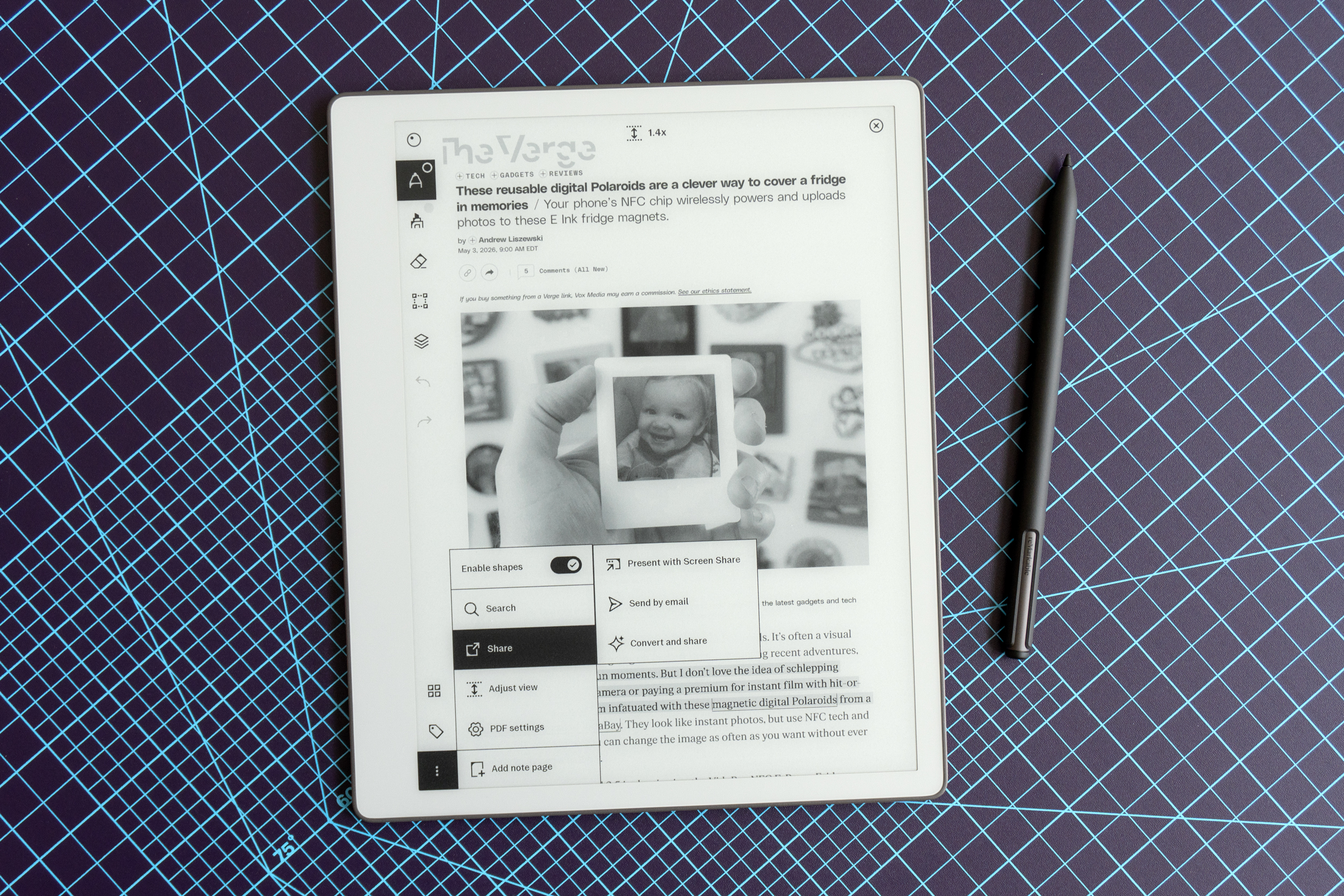 A website converted to a PDF shown on the Remarkable Paper Pure’s screen.