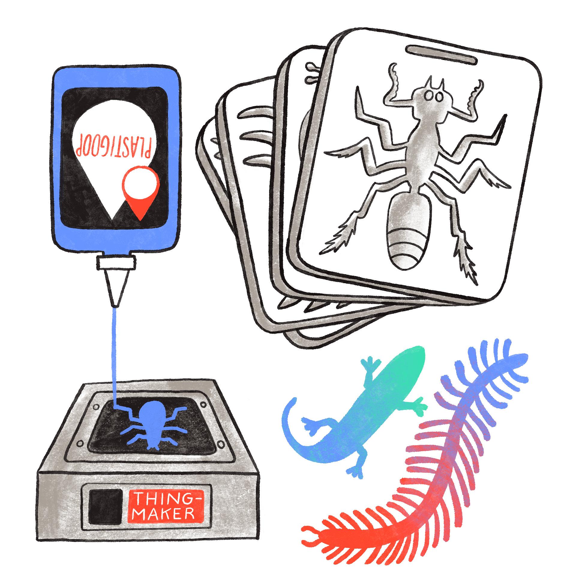 An illustration of a Mattel Thingmaker with creepy crawly bugs being created with Plastigoop