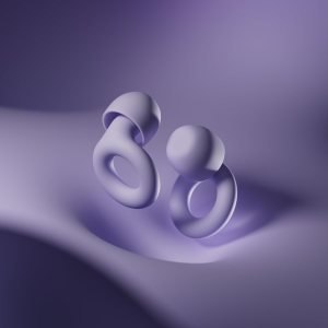 A product shot of the purple Loop Quiet 2 Earplugs on a purple background.