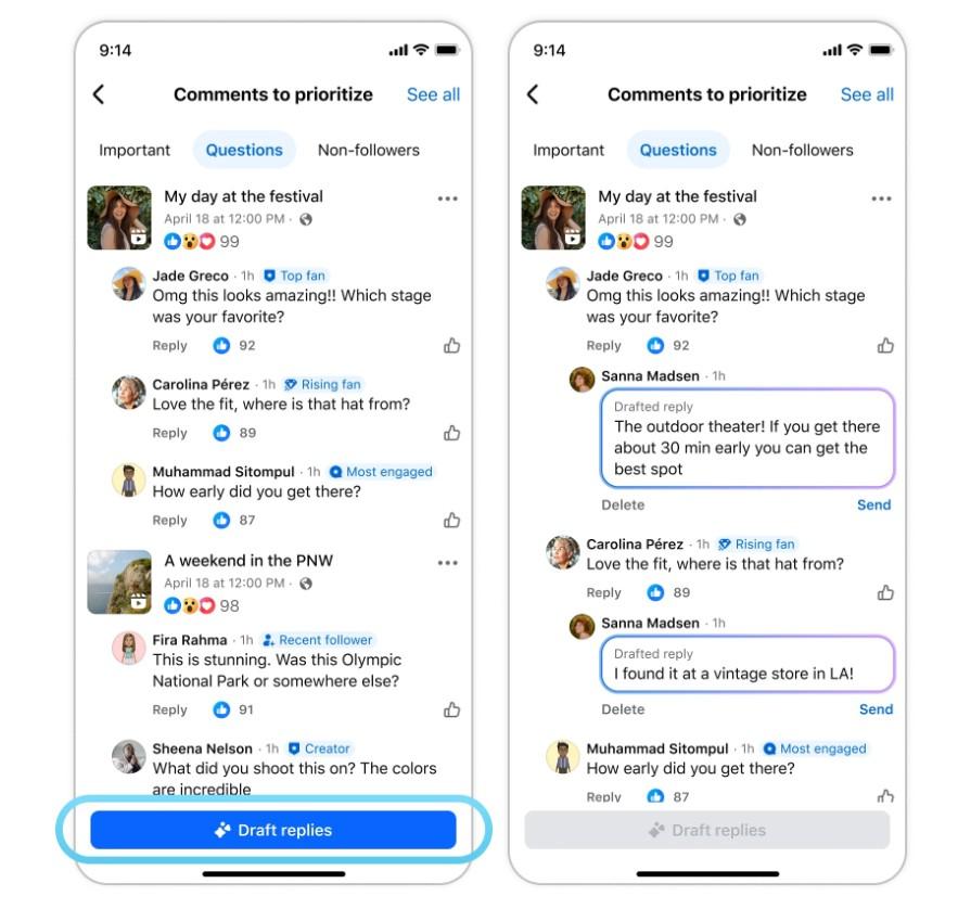 Examples of AI-powered commenting features inside the reimagined Facebook Creator Studio.