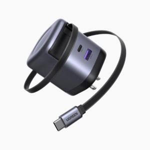 The Ugreen Nexode 65W Charger with a retractable USB-C cable floating on a white background.