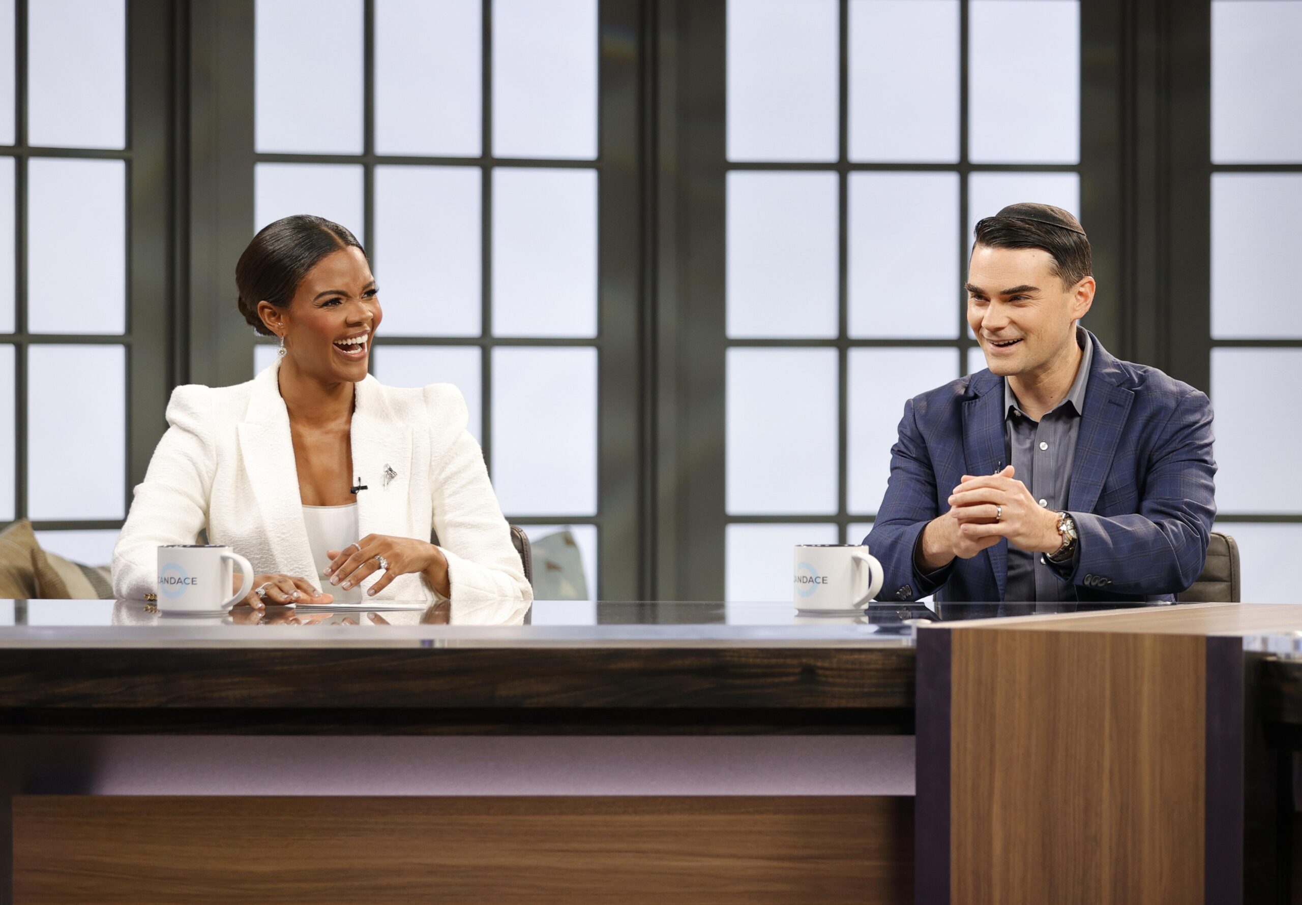 Candace Owens and American commentator Ben Shapiro on set during a taping of her show