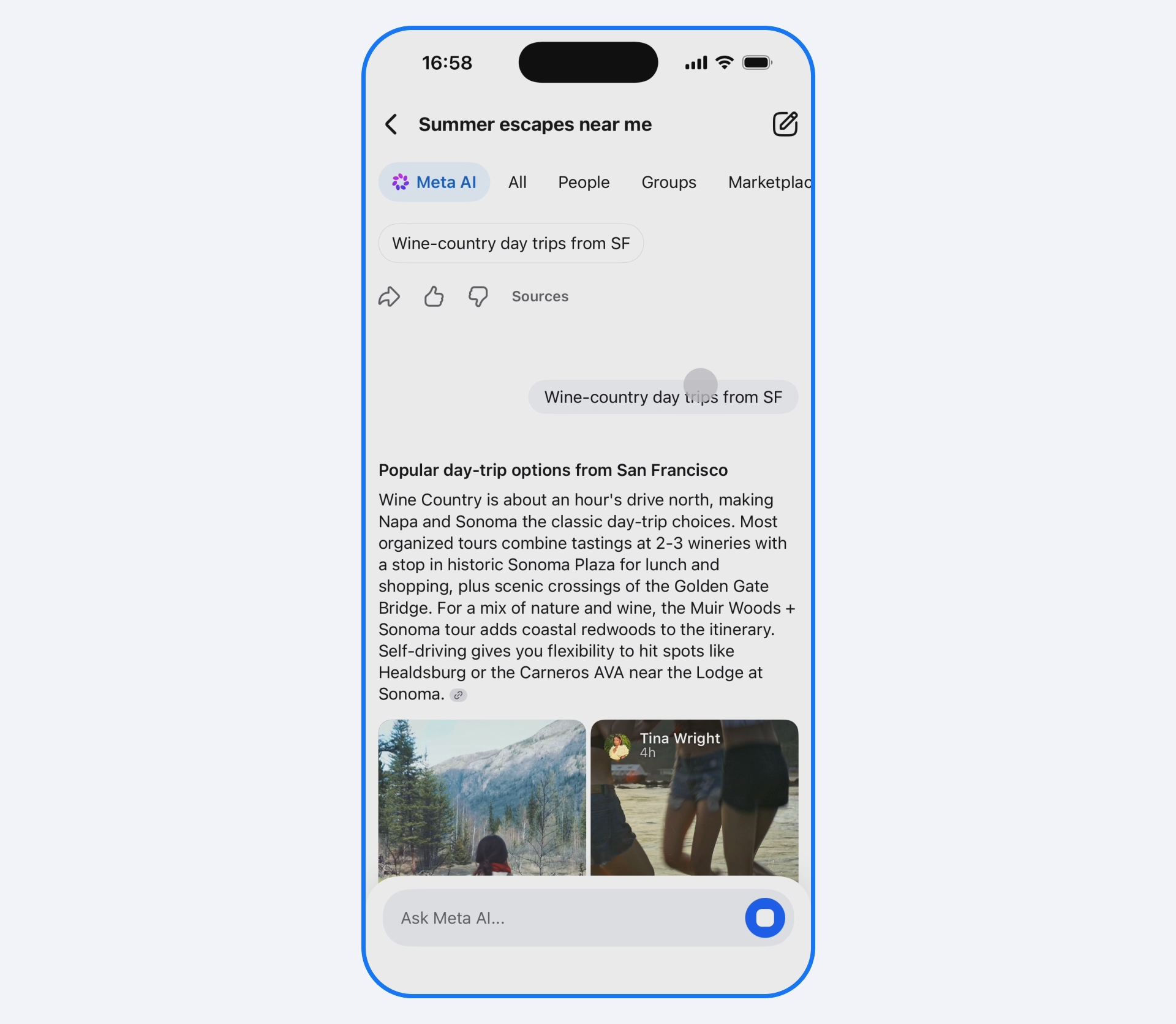 A screenshot of AI-generated search results in Meta's AI Mode on Facebook A screenshot of AI-generated search results in Meta's AI Mode on Facebook