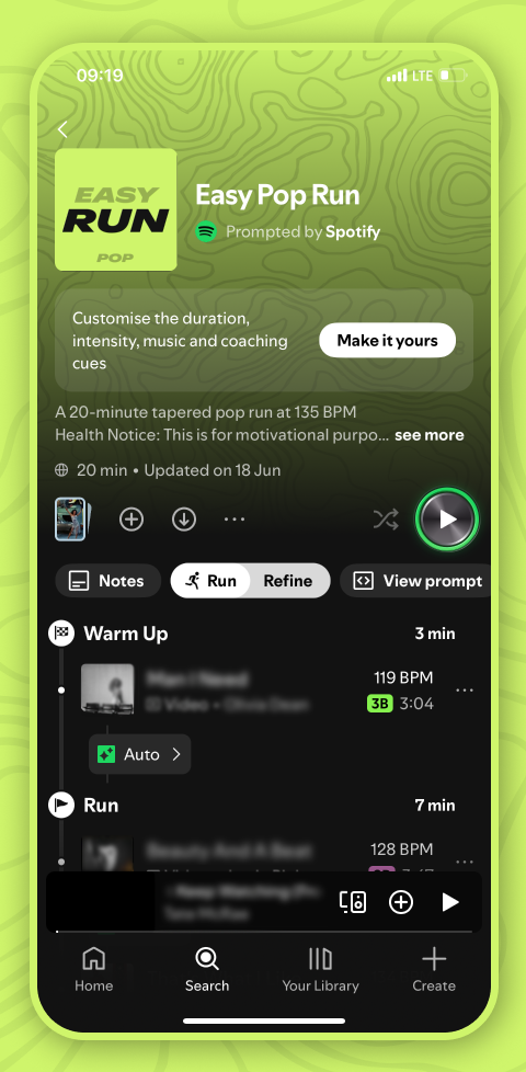 A screenshot showing Spotify's Running Mode on the Spotify iOS app. A screenshot showing Spotify's Running Mode on the Spotify iOS app.