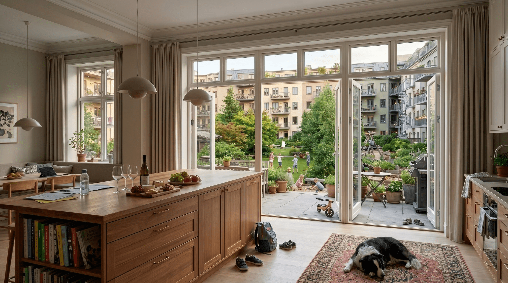 A sunlit apartment kitchen opens onto a shared courtyard garden surrounded by mid-rise buildings, where children play outside while a dog sleeps on a rug indoors.