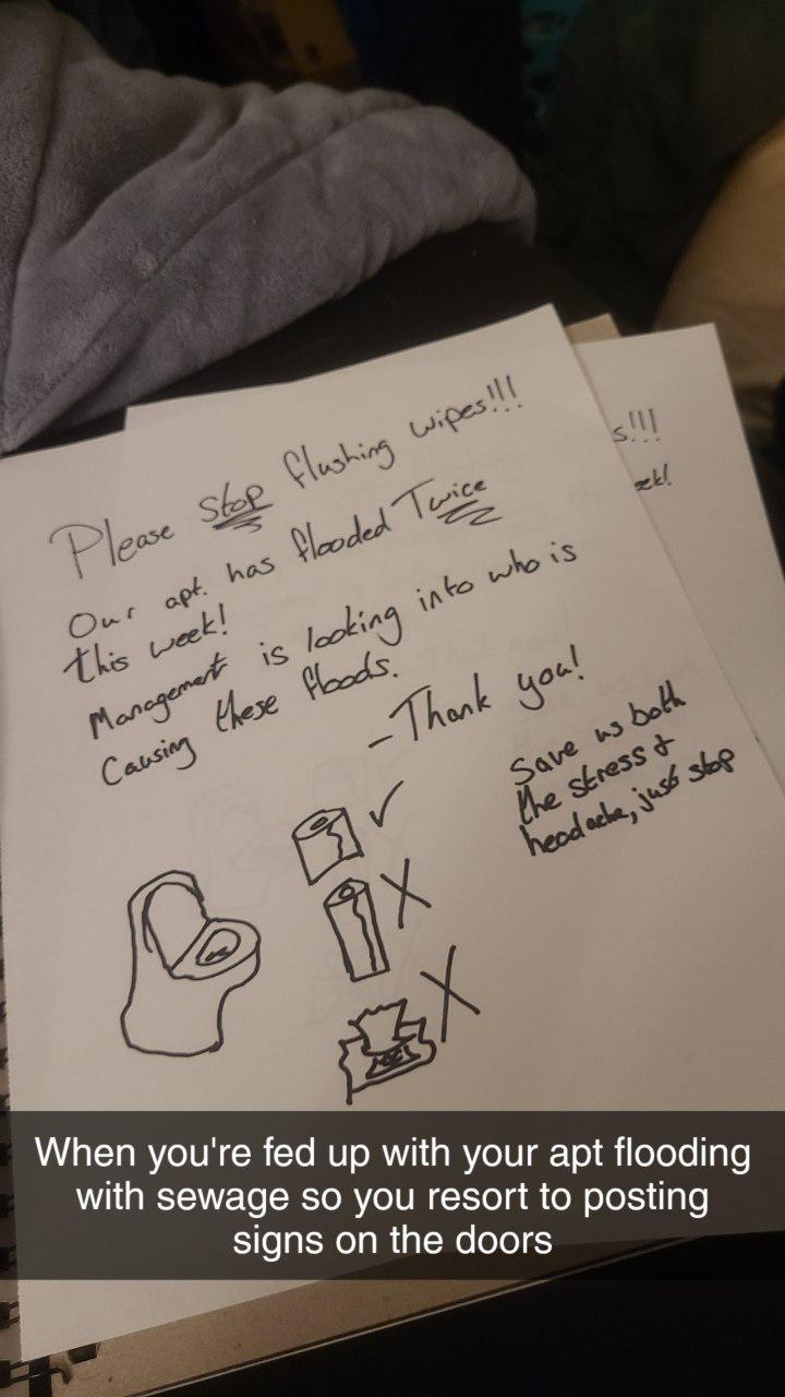 A photo of the note “Sam” left her neighbors about flushing wipes down the toilet. A photo of the note “Sam” left her neighbors about flushing wipes down the toilet.