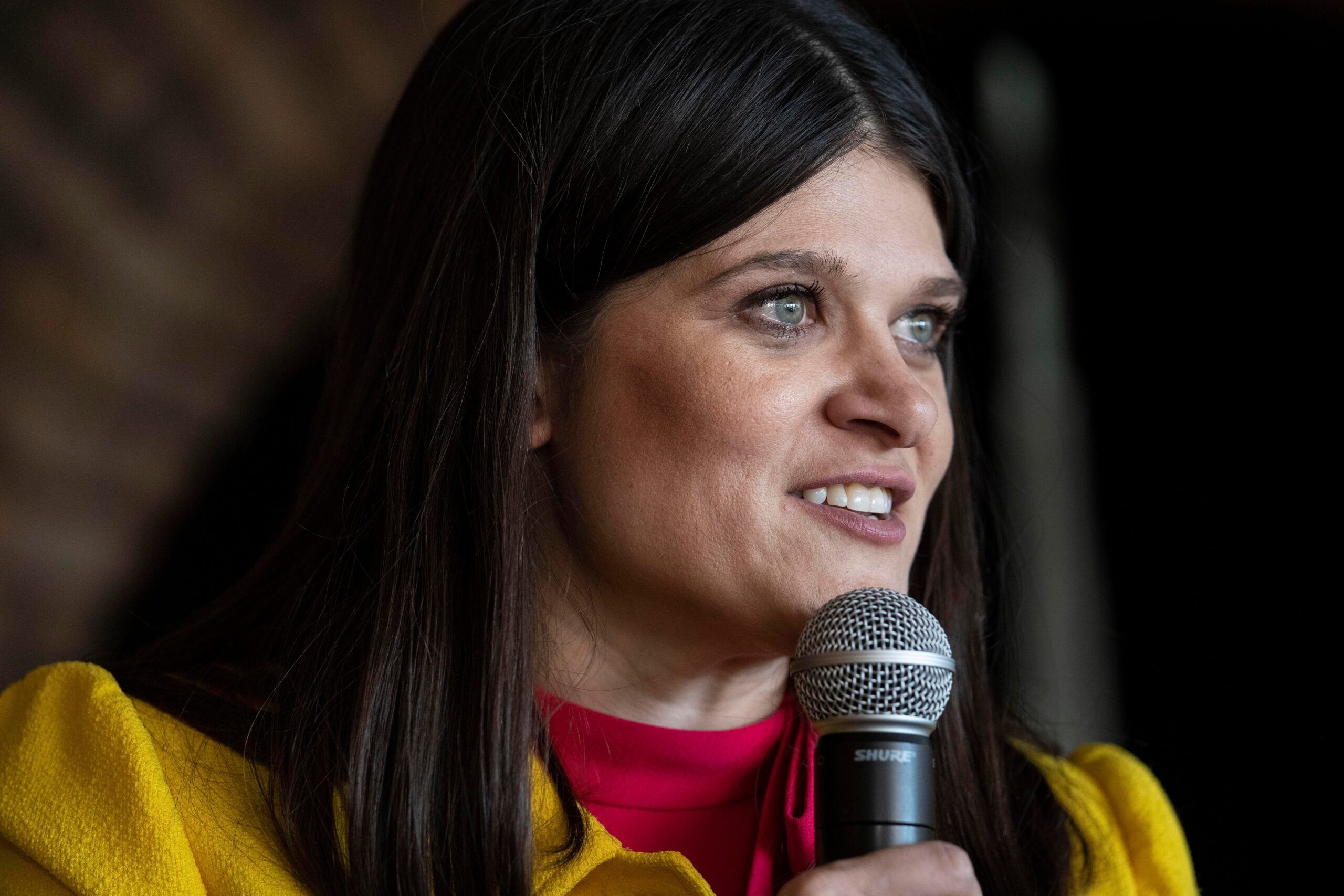 Stevens speaks into a microphone