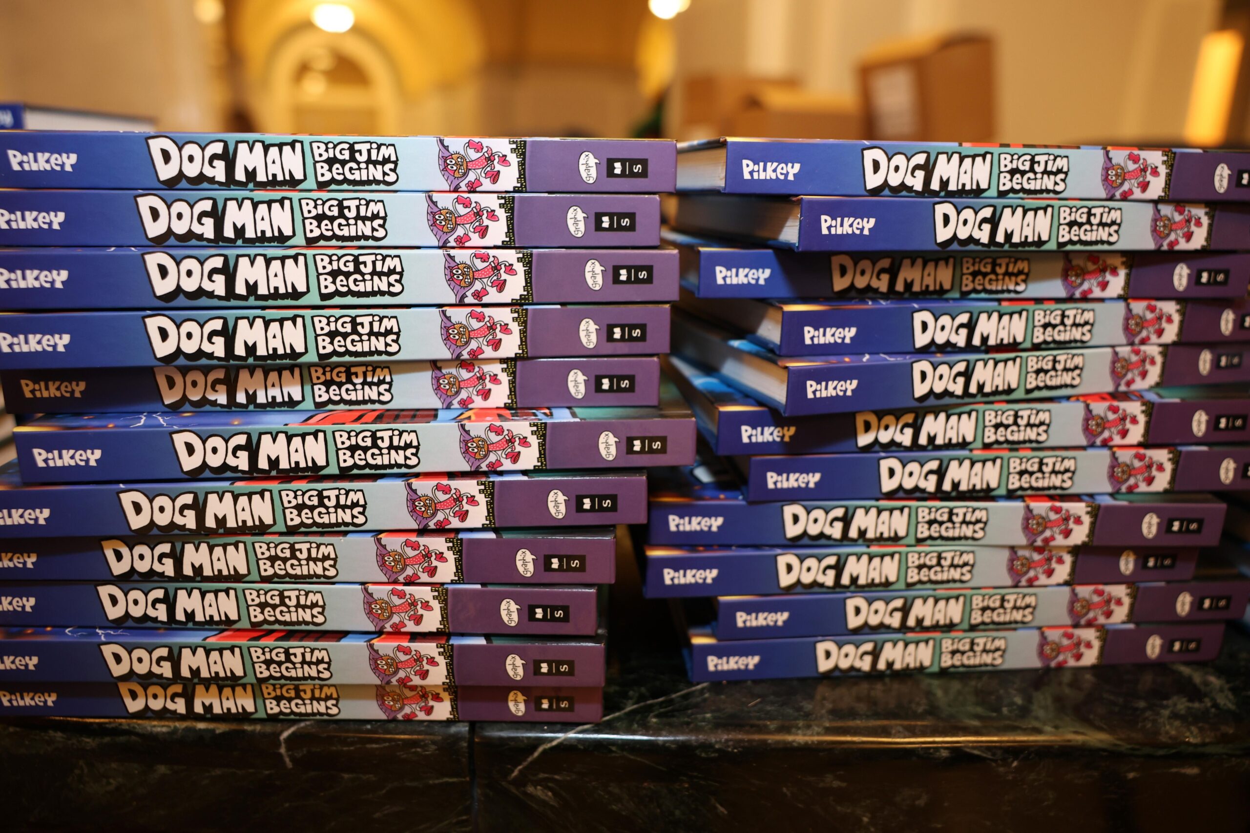 Two stacks of books lie on a table, their spines toward the camera. They’ll all copies of the same book, entitled DOG MAN: BIG JIM BEGINS, in cartoonish bubble letters.