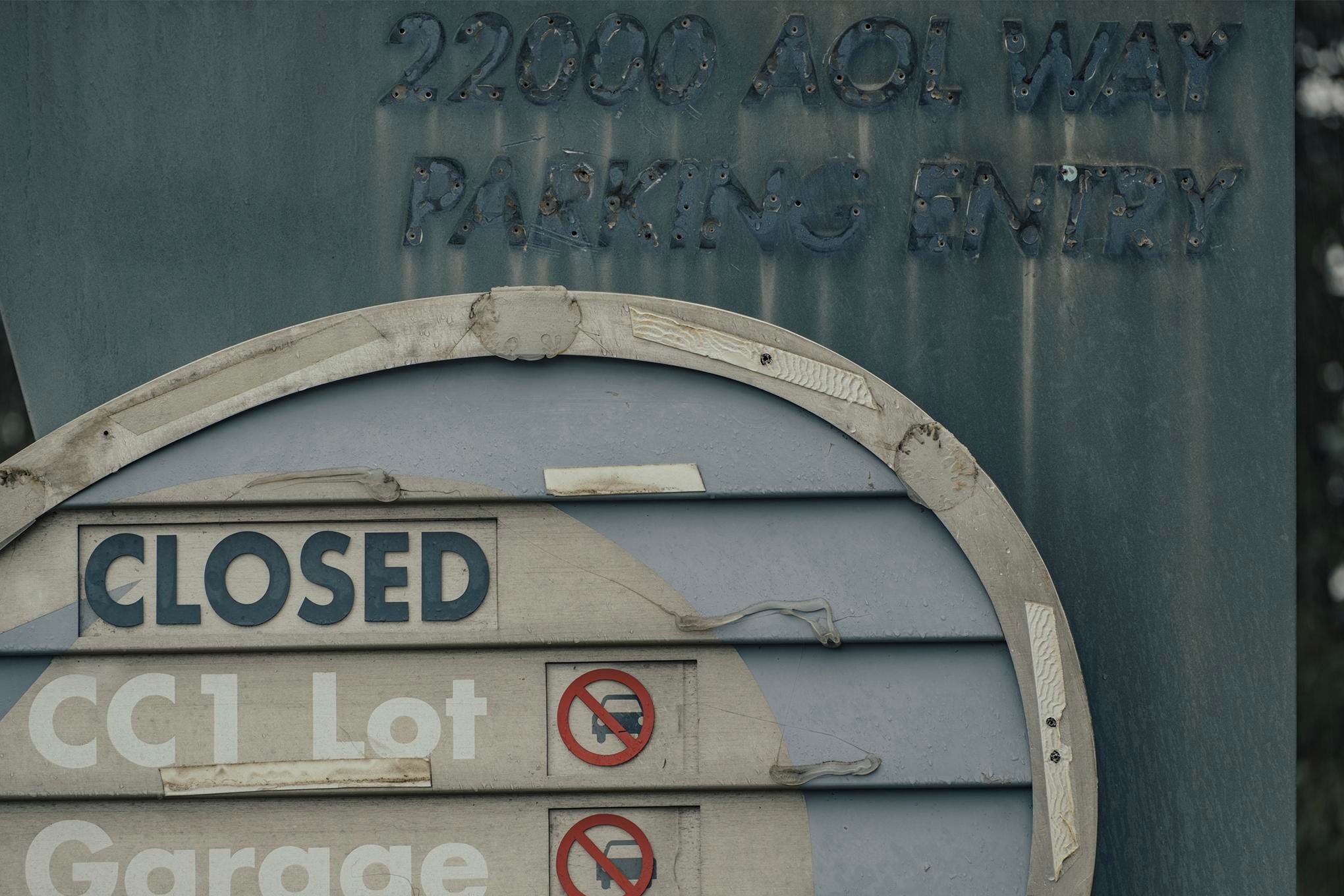 A dilapidated sign on AOL Way showing the site of the company’s first data center in Loudoun County.