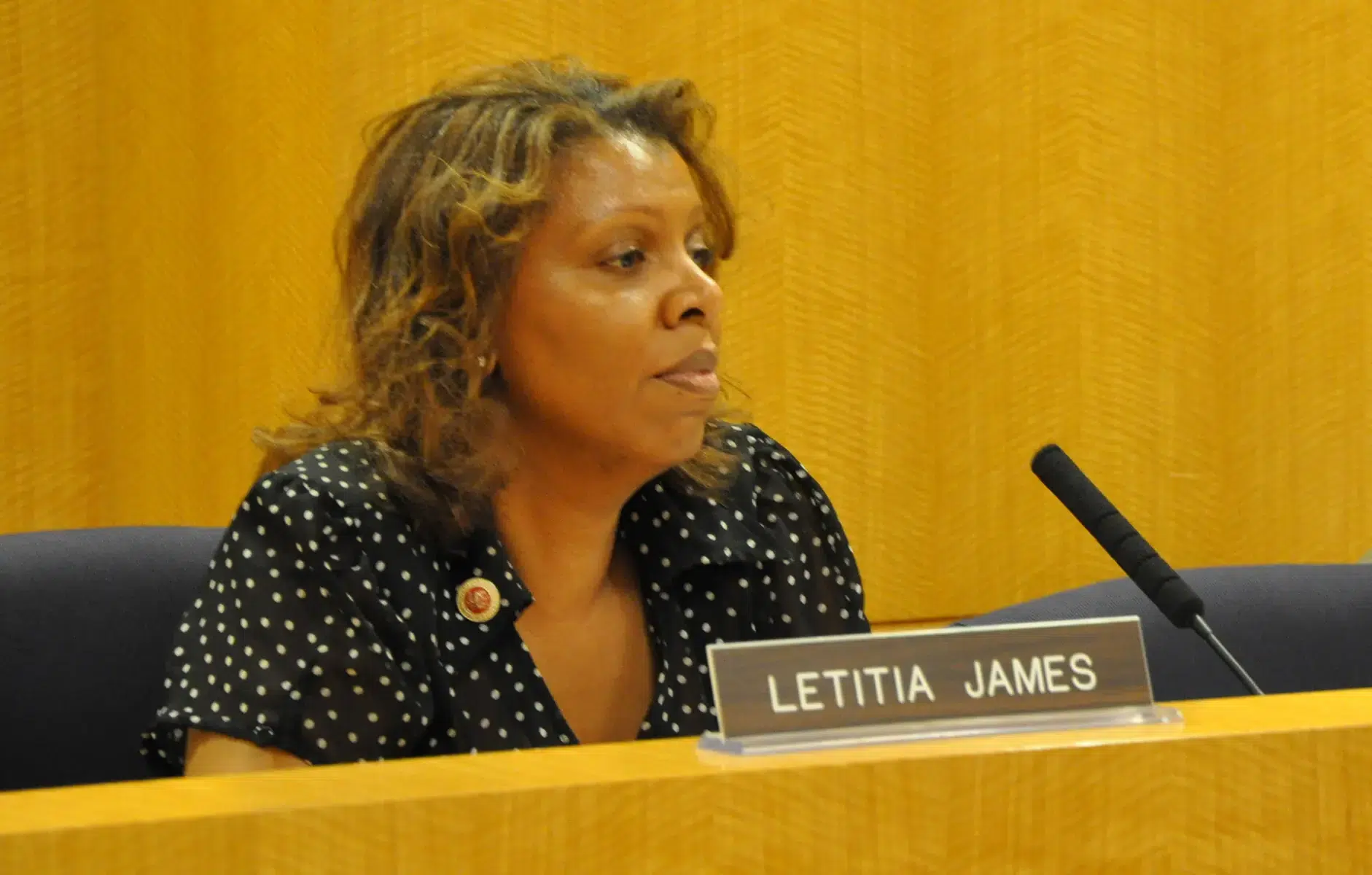 Letitia James speaking at a hearing, seated behind a nameplate.