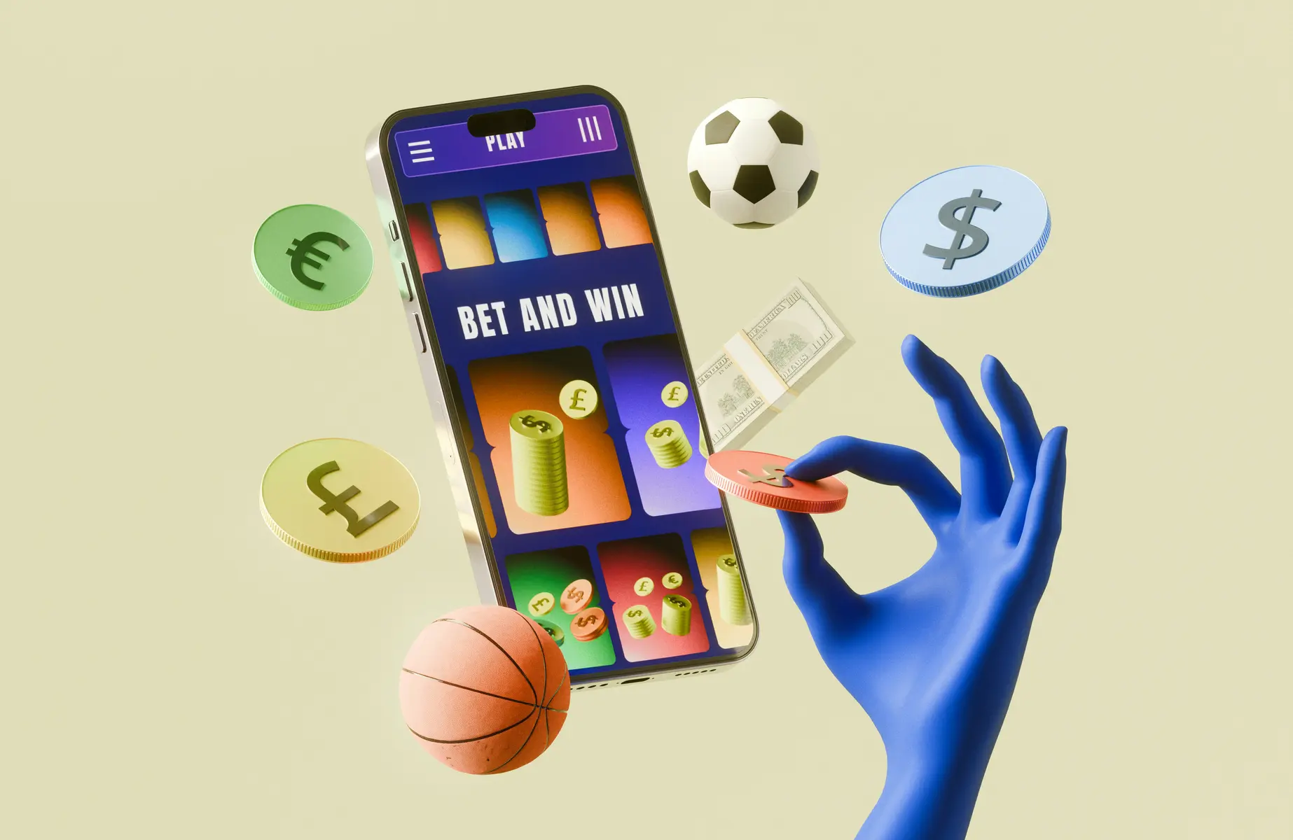 A blue 3D rendered hand placing a coin on a smartphone screen displaying a sports betting app.
